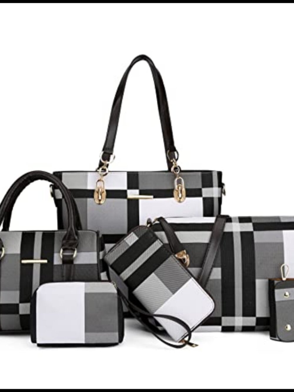 6pc Faux Leather Tote Satchel Shoulder Bag Set with Clutch Wallet